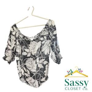 WHBM Black White Silk Floral Blouse Smocked Neck Hem Semi‑Sheer Women’s M EUC